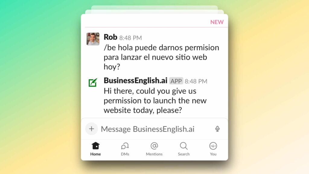 A screenshot of the BusinessEnglish.ai Slackbot